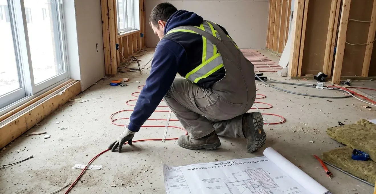 Électricien vu de dos accroupi examinant le tracé de câbles chauffants sur une dalle de béton lors d'une installation de plancher radiant en construction résidentielle