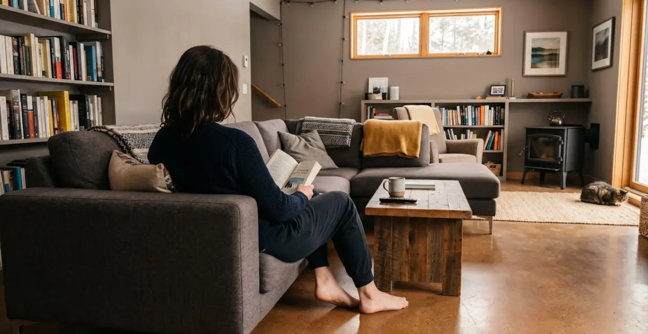 Personne assise de dos sur un canapé dans un sous-sol aménagé confortable avec plancher radiant, ambiance chaleureuse d'un espace de vie habitable