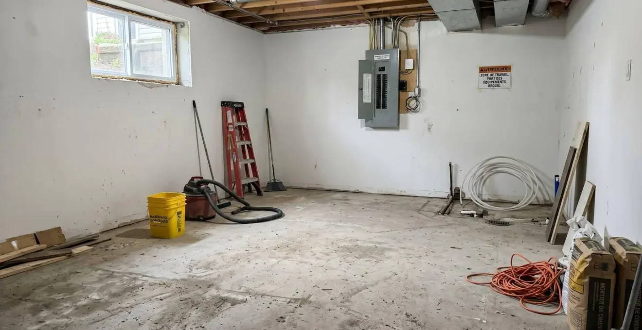 Sous-sol en cours de rénovation avec dalle de béton exposée prête pour l'installation d'un système de chauffage, murs peints blancs et panneau électrique moderne visible