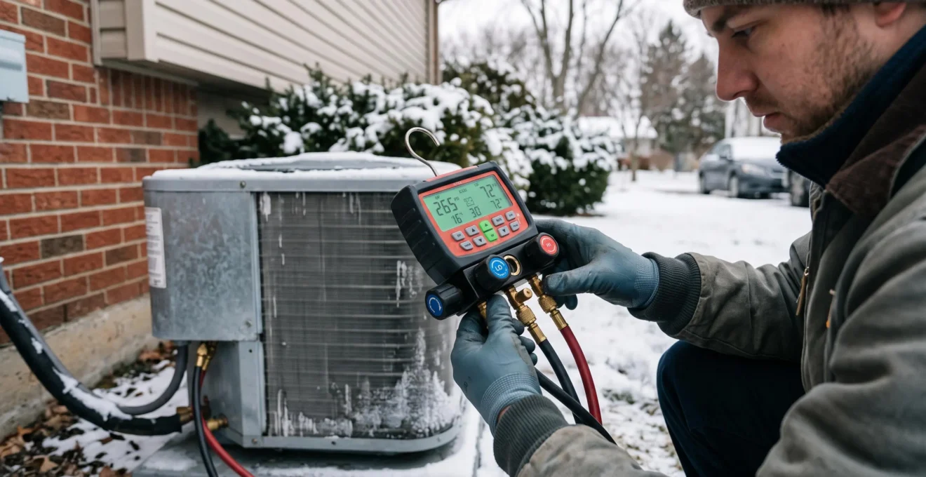 Gros plan sur les mains d'un technicien vérifiant les manomètres d'une thermopompe extérieure en hiver.
