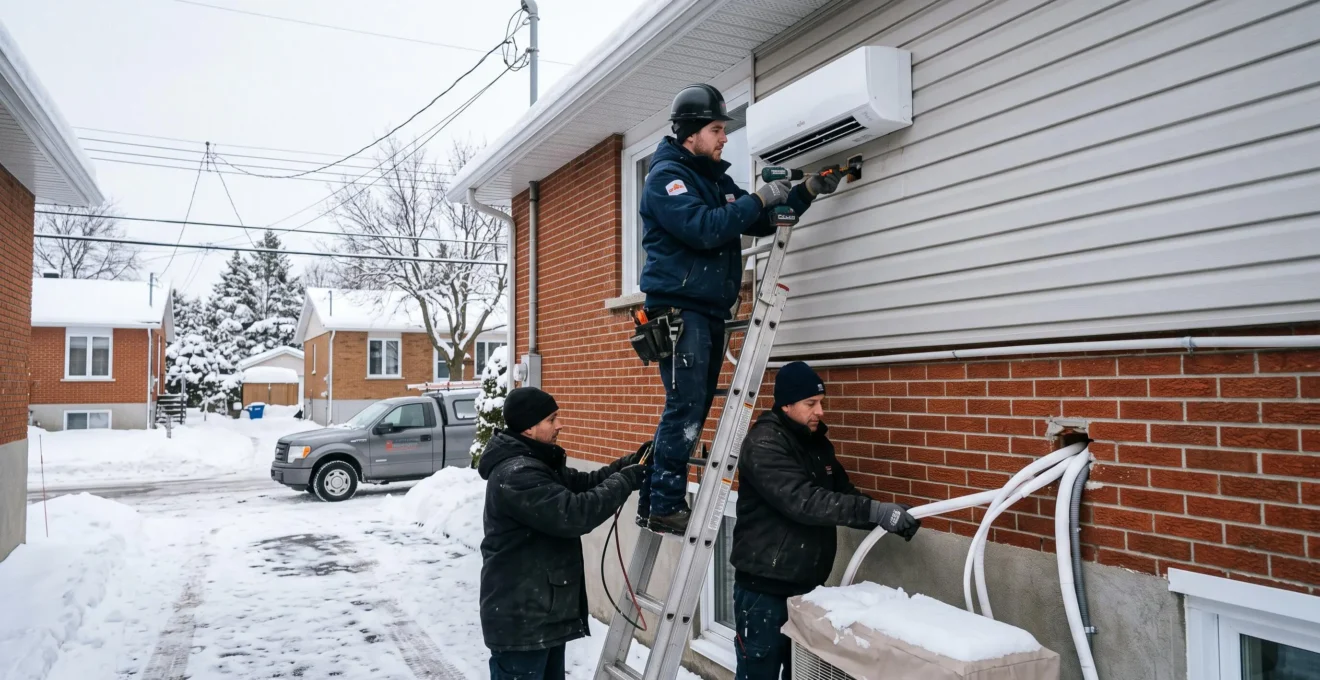 Deux techniciens installant une thermopompe murale sur le mur extérieur d'une maison de Longueuil en hiver.