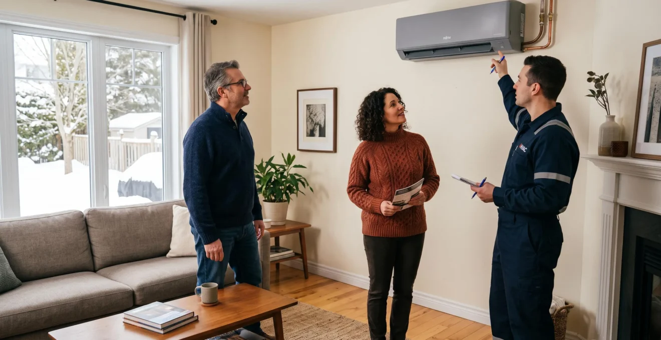 Un technicien expliquant le fonctionnement d'une thermopompe murale à un couple de propriétaires dans leur salon.